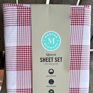 Martha Stewart ELLIOT Red Holiday Plaid Queen Sheet Set 100% Percale Cotton